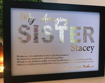 Real Foil Personalised Sister Word Art Print / Sister Christmas Gift / Sister Birthday Gift / Unique Sister Gift / Special Sister Gift