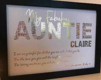 Real Foil Personalised Auntie Word Art Print / Auntie Keepsake Gift / Auntie Birthday Gift / Unique Auntie Gift / Special Auntie Gift