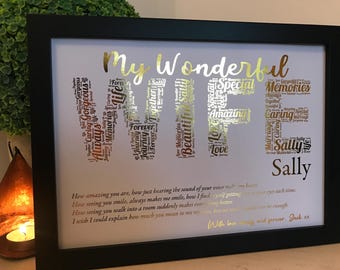 Real Foil Personalised Wife Word Art Print / Wife Keepsake Gift / Wife Birthday Gift / Wife Anniversary Gift / Unique Wife Gift /