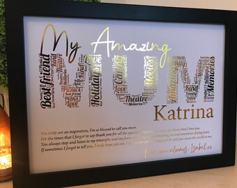 Real Foil Personalised Mum Word Art Print / Mothers Day Gift / Mum Birthday Gift / An Amazing Mum Gift / Unique Mum Gift /Special Mum Gift