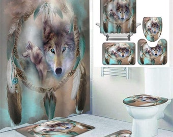 Wolf 12 Hooks Shower Curtain Set Polyester Waterproof Bathroom Decor G J R Wolf 12 Hooks Shower Curtain Set Polyester Waterproof Bathroom Decor G J R