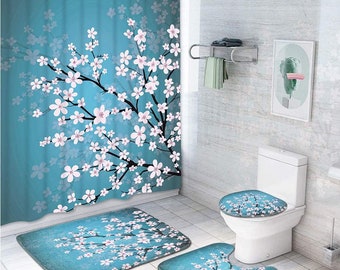 WERNNSAI Blue Mermaid Tail Bathroom Sets with Shower Curtain Rugs Mats Accessory Bathroom Decorations Sets with Non Slip Rugs Toilet Lid Cover Bath Mat for Kids Girls