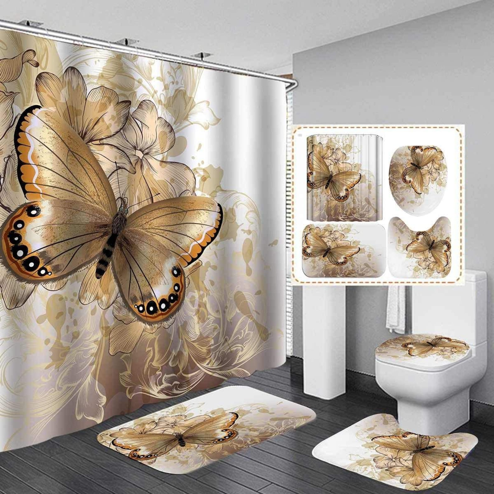 Butterfly Shower Curtain Sets with NonSlip Rug Toilet Lid Etsy