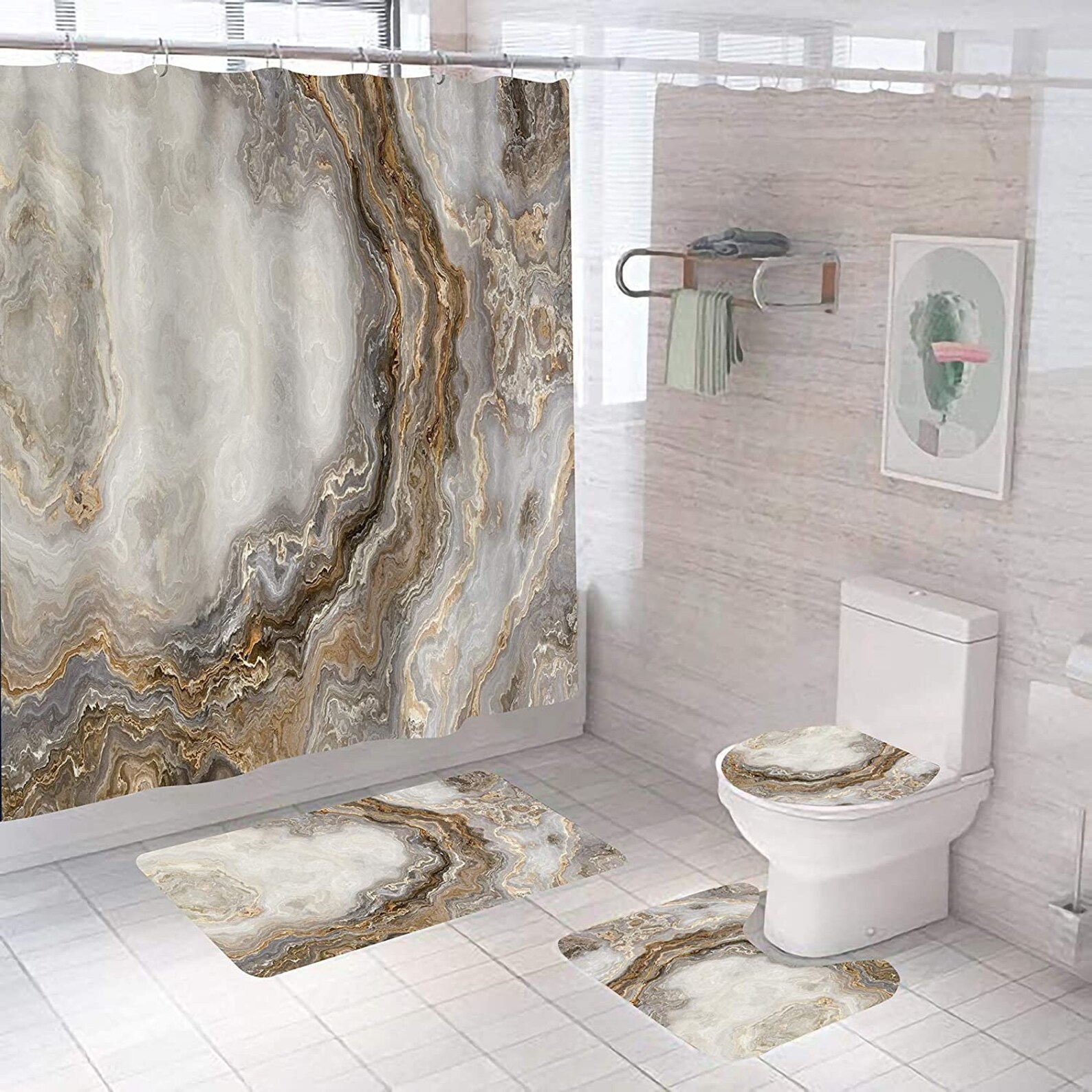 Brown Marble Shower Curtain Sets with NonSlip Rug Toilet Lid Etsy
