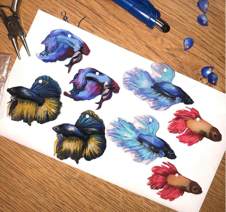 May include: Eight colorful hand-painted betta fish ornaments. The fish are painted in shades of blue, red, yellow, and purple. The ornaments are perfect for adding a touch of whimsy to any space.