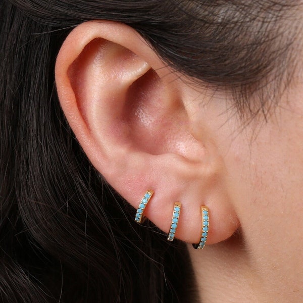 Turquoise Huggie Hoop Earrings, Sterling Silver Small Hoop Earrings, Tiny Gold Cartilage Hoop Earrings, Conch Hoops, Helix Hoop, Tragus Hoop