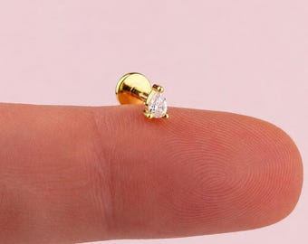 Tiny Pear Shape Flat Back Stud, 925 Sterling Silver Threadless Push Pin Labret, Tear Drop Cartilage Earring, Helix Tragus Nose Piercing 18G