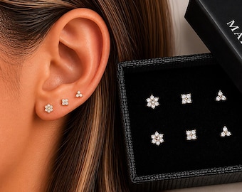 Gold Flower Flat Back Earrings Set, 925 Sterling Silver Threadless Push Pin Studs for Multiple Piercings, Tiny Earrings Stacking Set