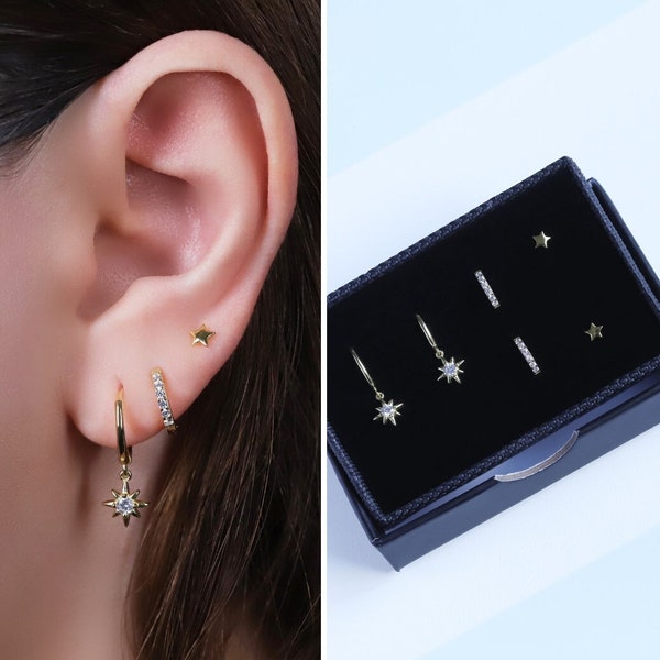 Star Dangle Hoop Earrings Gift Set for Multiple Piercings, Gold Small Hoop Earrings, Earring Stacking Set, Sterling Silver Tiny Star Earring