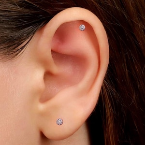 Tiny Pave Disc Shape Threadless Labret Gold Flat Back Stud Earring, 18G Sterling Silver Helix Cartilage Tragus Conch Flat Back Stud Earring