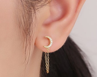 Gold Moon Chain Stud Earrings, Crescent Moon Earrings, Sterling Silver Moon Chain Earrings, Dangle Moon Chain Earrings, Minimalist Earrings