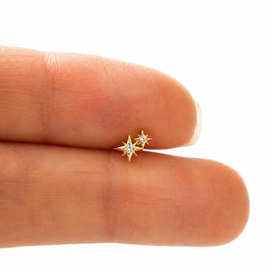 Tiny CZ Twin North Star Threadless Push Pin Labret Earring • Tiny Sterling Silver Flat Back Stud • Gold Cartilage Tragus Helix Piercing