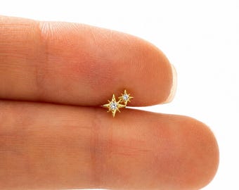 Tiny CZ Twin North Star Threadless Push Pin Labret Earring • Tiny Sterling Silver Flat Back Stud • Gold Cartilage Tragus Helix Piercing