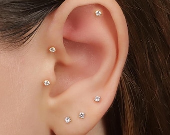 18G Small Diamond Threadless Push Pin Labret Stud, Sterling Silver Tiny Diamond CZ Flat Back Stud Earring, Cartilage Stud Earring Helix Stud
