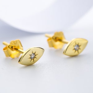 Evil Eye Stud Earrings, Sparkling Third Eye Stud Earrings, Gold Nazar Stud Earrings, Sterling Silver Tiny North Star Diamond CZ Stud Earring