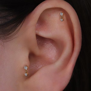 18G Dangle CZ Threadless Push Pin Labret Stud Earring, 925 Sterling Silver Dangle Diamond Flat Back Stud Earring, Cartilage Stud, Helix Stud