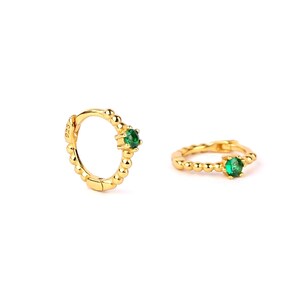 Emerald Huggie Hoop Earrings, Dainty Beaded Gold Hoops, Sterling Silver Green CZ Earrings, Minimalist Stacking Jewelry, May Birthstone Gift