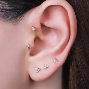 Tiny Gold Flower Stud Earrings, Dainty Flower Shape Stud Earrings, Sterling Silver 3 Leaf Flower Stud Earrings, Mini Trio Stone Stud Earring