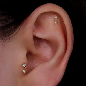 18G Dangle CZ Threadless End Push Pin Labret Stud Earring, Sterling Silver Tiny Diamond Cartilage Helix Tragus Conch Flat Back Stud Earring