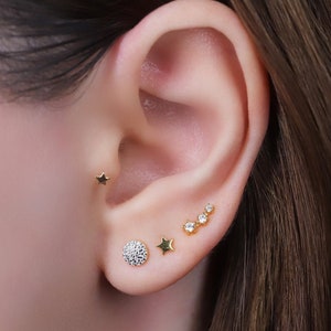 Ensemble de clous d'oreilles sans filetage labret à épingles et étoile de lune 18G, ensemble de clous d'oreilles célestes à dos plat en argent sterling, clou du cartilage, clou hélicoïdal