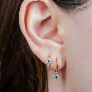 Evil Eye Charm Huggie Hoop Earrings Set, Gold Dangling Eye Charm Hoop Earring Set, Sterling Silver Dangly Evil Eye Hoop Earring Stacking Set