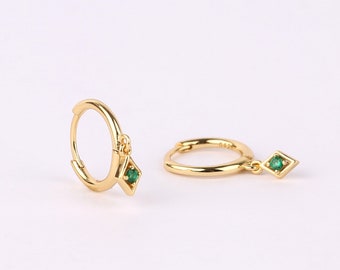 Emerald Diamond Dangle Hoop Earrings, Sterling Silver Huggie Hoop Earrings with Emerald Charm, Small Gold Drop Hoop Earrings, Delicate Hoops