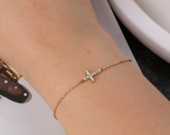 Cross Bracelet, Sterling Silver Cross Charm Bracelet, Dainty Gold Cross Bracelet, Tiny Sideways Cross Bracelet, Christian Bracelet for Women