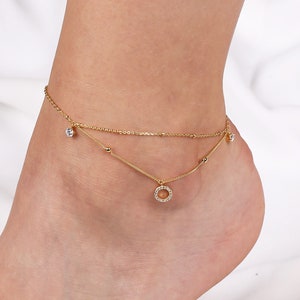 Sterling Silver Layered Anklet, Gold Ball Double Chain Ankle Bracelet with Circle Charm, Minimalist Bead Anklet Dainty Double Layered Anklet