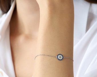 Tiny Sterling Silver Evil Eye Bracelet, Gold Pave Evil Eye Charm Bracelet, Nazar Bracelet, Protecting Charm Bracelet, Minimalist Bracelet