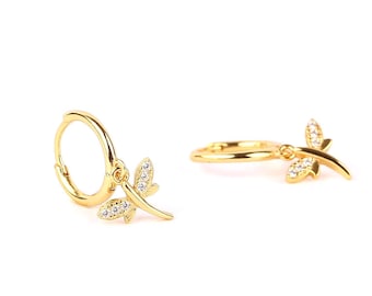 Tiny Dragonfly Dangle Hoop Earrings, Sterling Silver Huggie Hoops with CZ Charm, Gold Nature Inspired Jewelry, Minimalist Huggie Drop Hoops