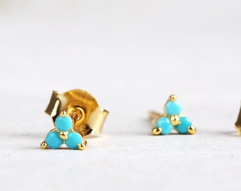 Tiny Turquoise Flower Stud Earrings, Dainty Gold Minimalist Studs, 925 Sterling Silver Cartilage Helix Lobe Earrings, Everyday Jewelry