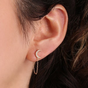 Gold Moon Chain Stud Earrings, Crescent Moon Earrings, Sterling Silver Moon Chain Earrings, Dangle Moon Chain Earrings, Minimalist Earrings