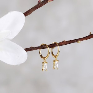 Baguette Dangle Hoop Earrings, Huggie Hoop Earring with Dangling Diamond Charm, Sterling Silver Dangly Baguette Cut Diamond Charm Drop Hoops
