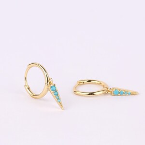 Turquoise Spike Charm Gold Huggie Hoop Earrings, Sterling Silver Dainty Spike Dangle Hoop Earrings, Small Hoop Earrings, Stackable Earrings
