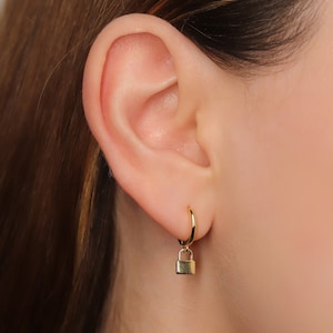 Tiny Lock Charm Dangle Hoop Earrings, Sterling SilverHuggie Hoop Earrings with Dangling Padlock Charm, Dangly Lock Charm Drop Hoop Earrings