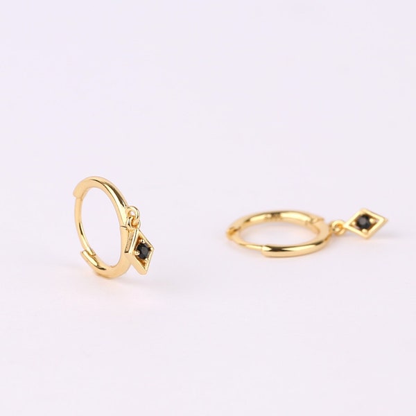 Tiny Black Charm Hoop Earrings, Gold CZ Drop Dangle Hoop Earrings, Sterling Silver Black Charm Huggie Hoop Earrings, Minimalist Hoop Earring