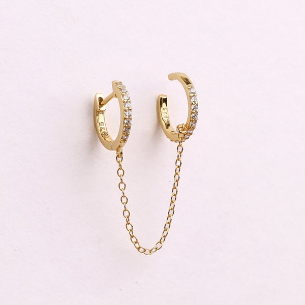 Hoop Earrings with Dangling Chain Conch Ear Cuff, Gold Diamond Cuff Earrings, Sterling Silver Pave Ear Cuff Chain Earrings, Dangle Earrings