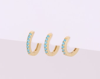 Turquoise Huggie Hoop Earrings, Sterling Silver Thin Huggie Hoop Earrings, Tiny Cartilage Huggie Hoop, Helix Huggie Hoop, Small Hoop Earring