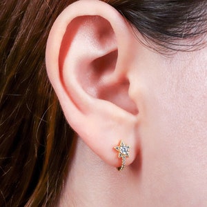 Tiny Pave Star Huggie Hoop Earrings, Gold Sparkle Starburst Huggie Hoop, Sterling Silver Diamond CZ Huggie Hoop Earring with Pave Star Charm
