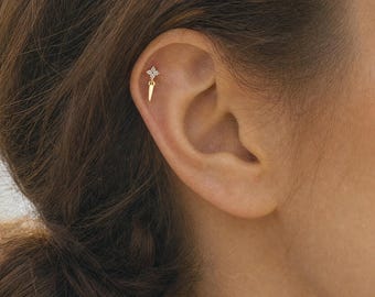 CZ Flower Spike Dangle Flat Back Stud Earring, 18G Flower Threadless Push Pin Labret, Sterling Silver Cartilage Tragus Stud, Helix Piercing