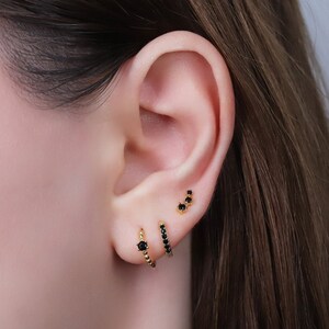 Black Stone Beaded Huggie Hoop Earrings Set, Tiny Curated Onyx Hoop Earrings Set, Sterling Silver Diamond Huggie Hoop Earrings Stacking Set