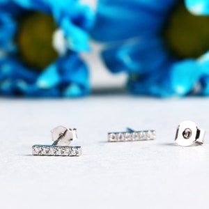 Tiny Pave Bar Stud Earrings, Sterling Silver Diamond Bar Stud Earrings, Gold CZ Petite Bar Stud Earrings, Minimalist Stick Bar Stud Earrings