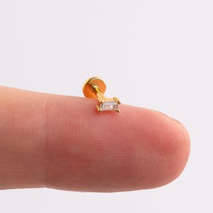 Baguette CZ Flat Back Stud, 18G Threadless Push Pin Labret, Tiny Cartilage Helix Tragus Conch Earring, Sterling Silver Stud