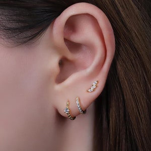 Gold Beaded Hoop Earrings Set, Sterling Silver Tiny Curated Hoop Earrings Set, Everyday Huggie Hoop Earrings Stacking Set, Set of 3 Earrings