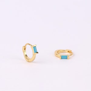 Turquoise Baguette Huggie Hoop Earrings, Tiny Gold Small Baguette Huggie Hoops, Cartilage Huggie Hoop, 925 Sterling Silver Helix Huggie Hoop