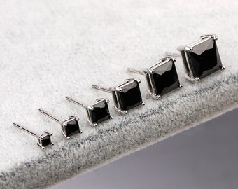 Black Stud Earrings, Sterling Silver Black Square Diamond Stud Earrings for Women, Black Stone Mens Stud Earrings, Black Onyx Stone Earrings