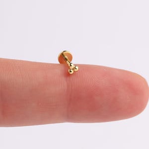 Trinity Ball Flat Back Stud, Sterling Silver Threadless Push Pin Labret, Tiny Triple Bead Cartilage Earring, Helix Tragus Nose Stud 18G
