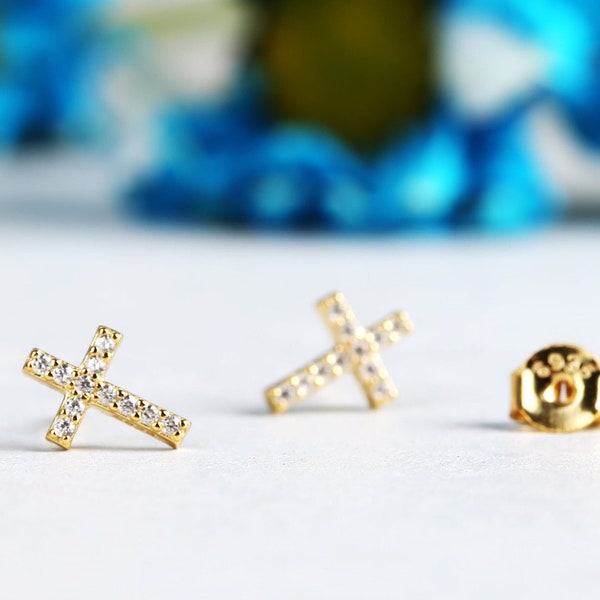 Gold Cross Stud Earrings, Sterling Silver Tiny Diamond CZ Cross Stud Earring, Minimalist Small Stud Earring, Dainty Cross Protection Jewelry