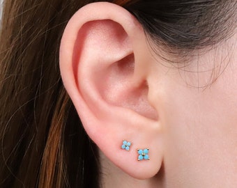 Dainty Turquoise Stud Earrings, Gold Turquoise Tiny Flower Stud Earrings for Women, Sterling Silver Small Stud Earrings, Minimalist Earrings