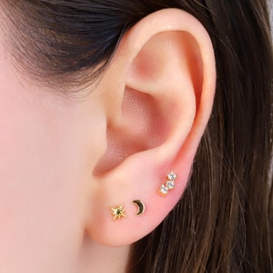 18G Tiny Moon Star Threadless Push Pin Labret Stud Earrings Set, 925 Sterling Silver Flat Back Stud Earrings Set, Helix Stud, Cartilage Stud